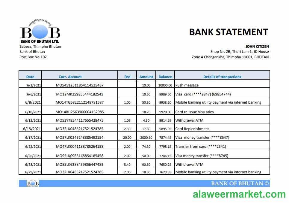 Bhutan Bank of Bhutan bank statement easy to fill template in Excel and PDF format
